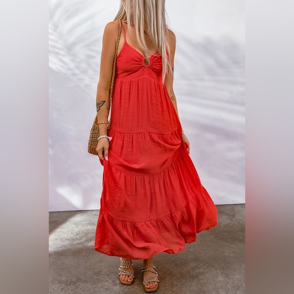 Red O-ring Smocked Back Spaghetti Straps Tiered Maxi Dress - Picture 2 of 5